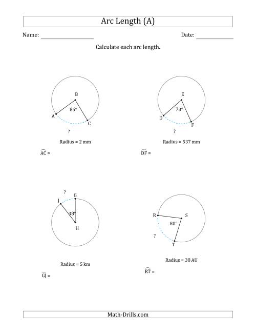 The Calculating Circle Arc Length from Radius (A) Math Worksheet