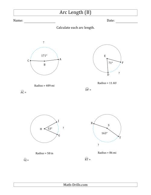 The Calculating Circle Arc Length from Radius (B) Math Worksheet