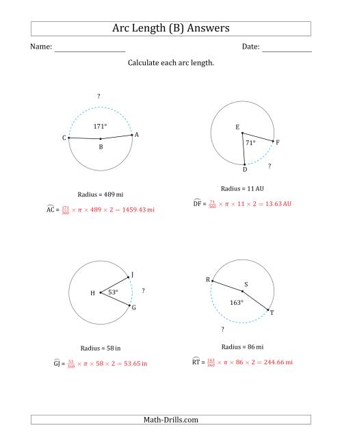 The Calculating Circle Arc Length from Radius (B) Math Worksheet Page 2