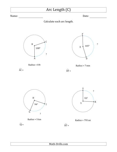The Calculating Circle Arc Length from Radius (C) Math Worksheet