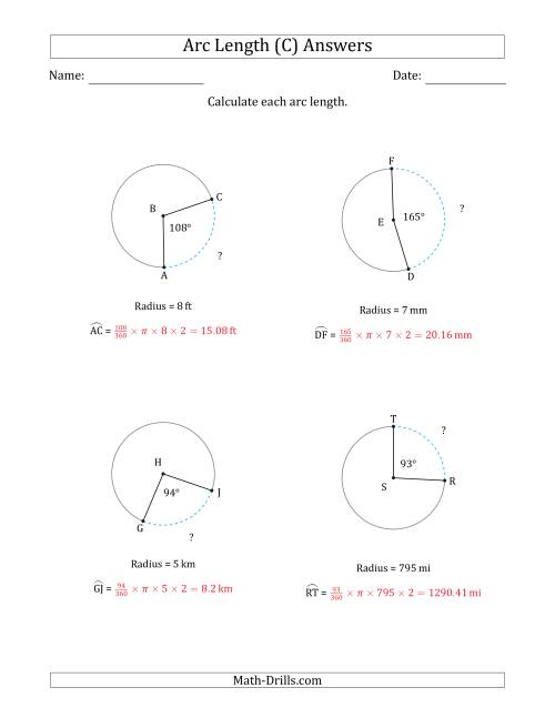 The Calculating Circle Arc Length from Radius (C) Math Worksheet Page 2