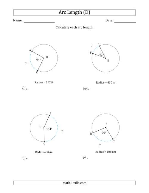 The Calculating Circle Arc Length from Radius (D) Math Worksheet