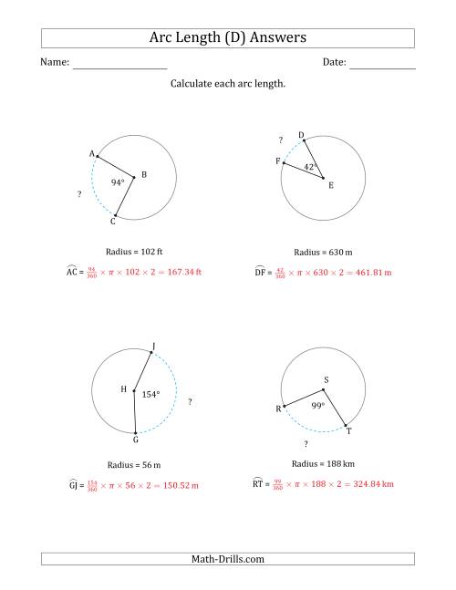 The Calculating Circle Arc Length from Radius (D) Math Worksheet Page 2