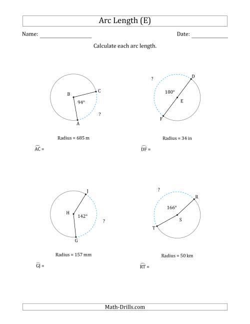 The Calculating Circle Arc Length from Radius (E) Math Worksheet