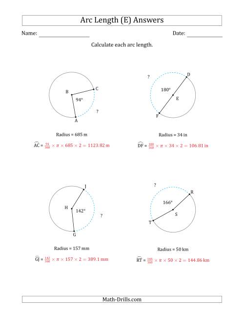 The Calculating Circle Arc Length from Radius (E) Math Worksheet Page 2