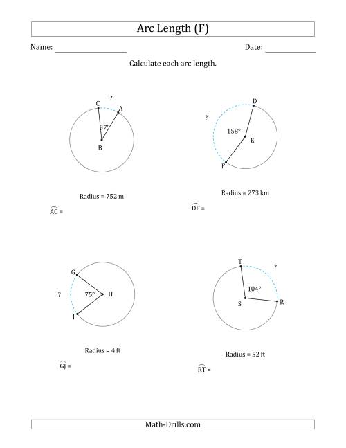 The Calculating Circle Arc Length from Radius (F) Math Worksheet