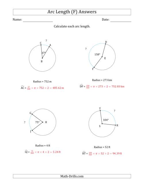 The Calculating Circle Arc Length from Radius (F) Math Worksheet Page 2