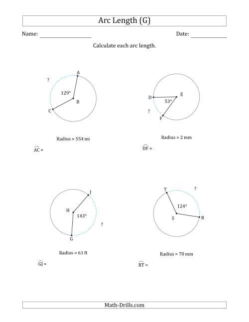 The Calculating Circle Arc Length from Radius (G) Math Worksheet