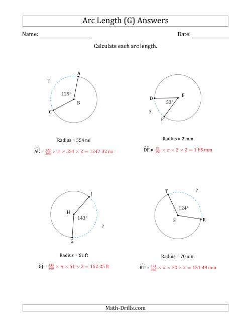 The Calculating Circle Arc Length from Radius (G) Math Worksheet Page 2
