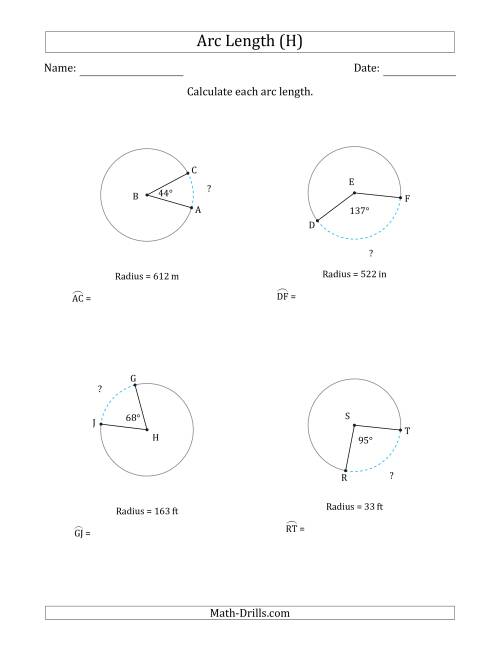 The Calculating Circle Arc Length from Radius (H) Math Worksheet