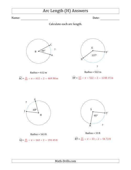 The Calculating Circle Arc Length from Radius (H) Math Worksheet Page 2