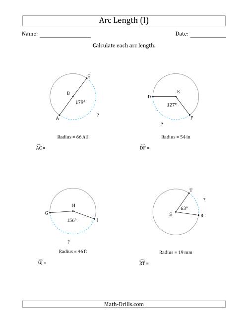 The Calculating Circle Arc Length from Radius (I) Math Worksheet
