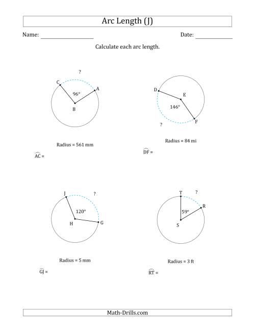 The Calculating Circle Arc Length from Radius (J) Math Worksheet