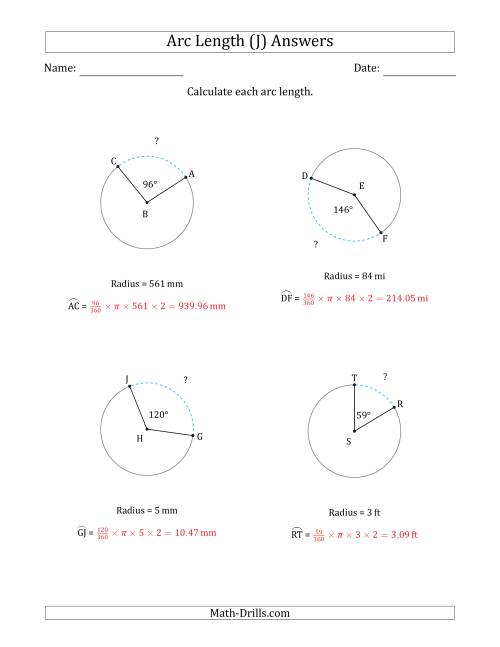 The Calculating Circle Arc Length from Radius (J) Math Worksheet Page 2