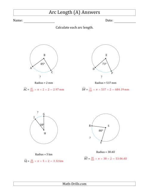 The Calculating Circle Arc Length from Radius (All) Math Worksheet Page 2