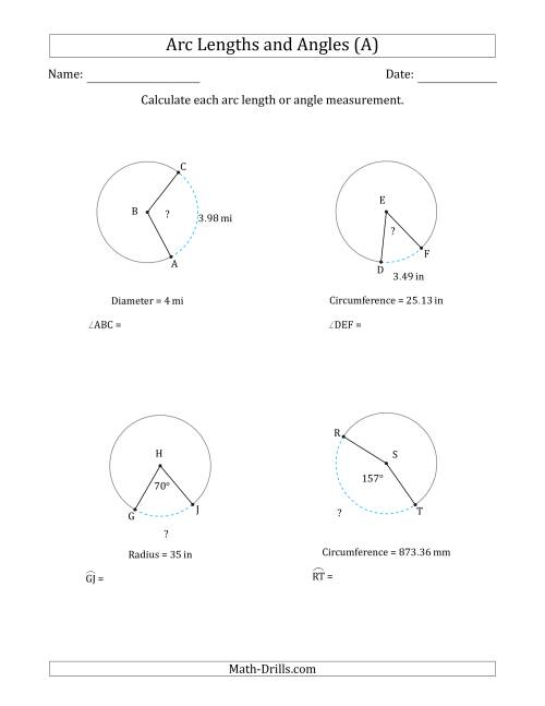 The Calculating Arc Length or Angle from Circumference, Radius or Diameter (A) Math Worksheet