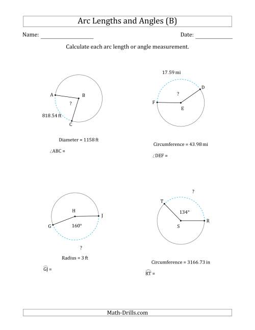 The Calculating Arc Length or Angle from Circumference, Radius or Diameter (B) Math Worksheet