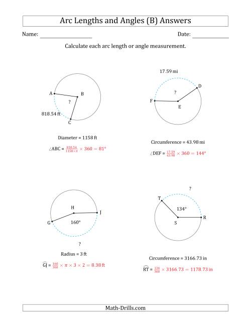 The Calculating Arc Length or Angle from Circumference, Radius or Diameter (B) Math Worksheet Page 2