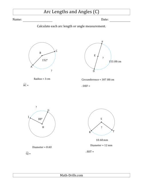 The Calculating Arc Length or Angle from Circumference, Radius or Diameter (C) Math Worksheet