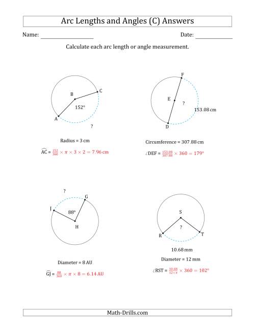 The Calculating Arc Length or Angle from Circumference, Radius or Diameter (C) Math Worksheet Page 2