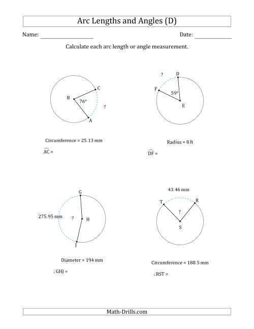 The Calculating Arc Length or Angle from Circumference, Radius or Diameter (D) Math Worksheet