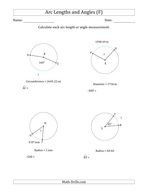 The Calculating Arc Length or Angle from Circumference, Radius or Diameter (F) Math Worksheet