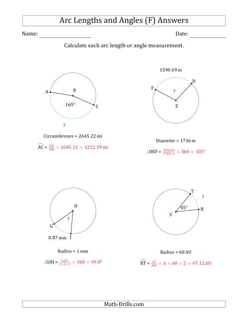 The Calculating Arc Length or Angle from Circumference, Radius or Diameter (F) Math Worksheet Page 2