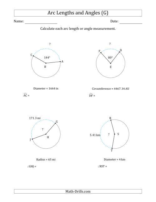 The Calculating Arc Length or Angle from Circumference, Radius or Diameter (G) Math Worksheet