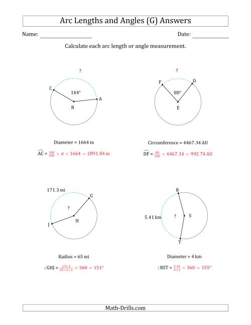 The Calculating Arc Length or Angle from Circumference, Radius or Diameter (G) Math Worksheet Page 2