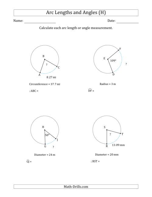 The Calculating Arc Length or Angle from Circumference, Radius or Diameter (H) Math Worksheet