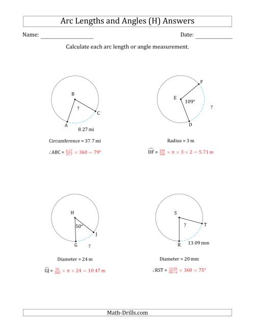 The Calculating Arc Length or Angle from Circumference, Radius or Diameter (H) Math Worksheet Page 2