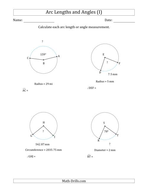 The Calculating Arc Length or Angle from Circumference, Radius or Diameter (I) Math Worksheet