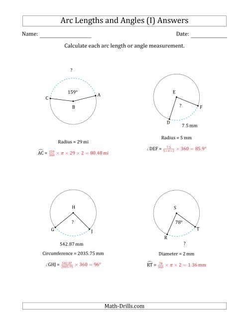 The Calculating Arc Length or Angle from Circumference, Radius or Diameter (I) Math Worksheet Page 2