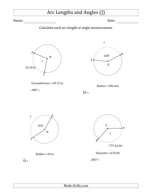 The Calculating Arc Length or Angle from Circumference, Radius or Diameter (J) Math Worksheet
