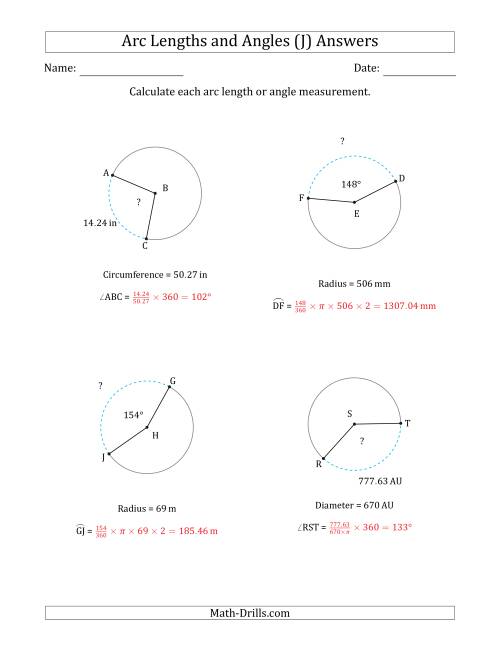 The Calculating Arc Length or Angle from Circumference, Radius or Diameter (J) Math Worksheet Page 2