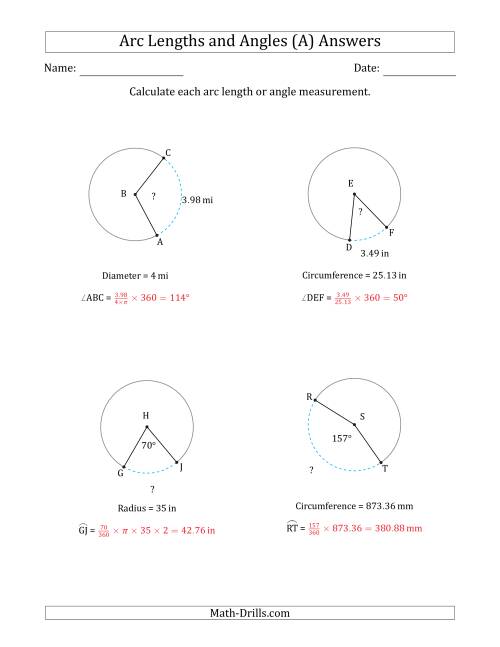 The Calculating Arc Length or Angle from Circumference, Radius or Diameter (All) Math Worksheet Page 2