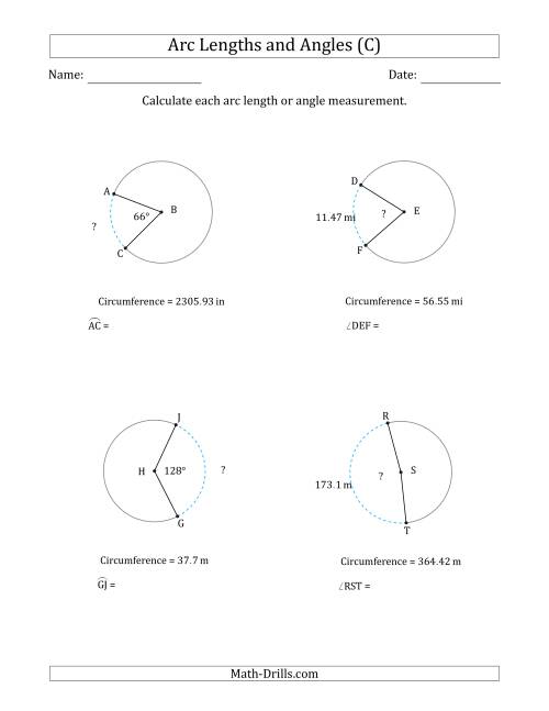 The Calculating Arc Length or Angle from Circumference (C) Math Worksheet