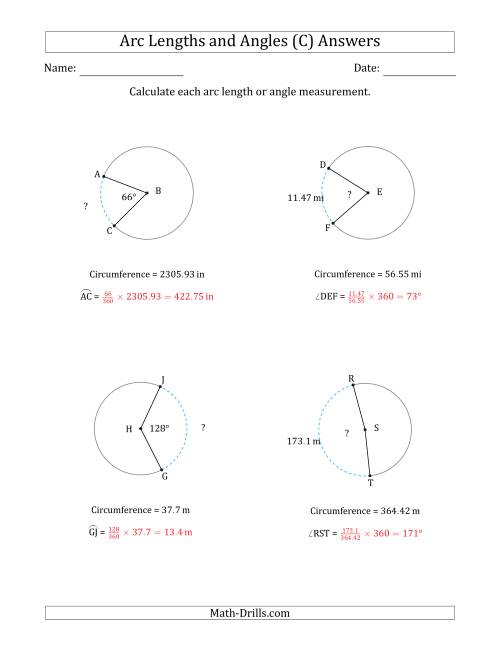 The Calculating Arc Length or Angle from Circumference (C) Math Worksheet Page 2