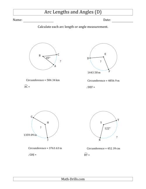 The Calculating Arc Length or Angle from Circumference (D) Math Worksheet