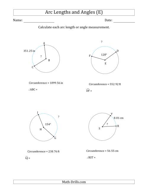 The Calculating Arc Length or Angle from Circumference (E) Math Worksheet