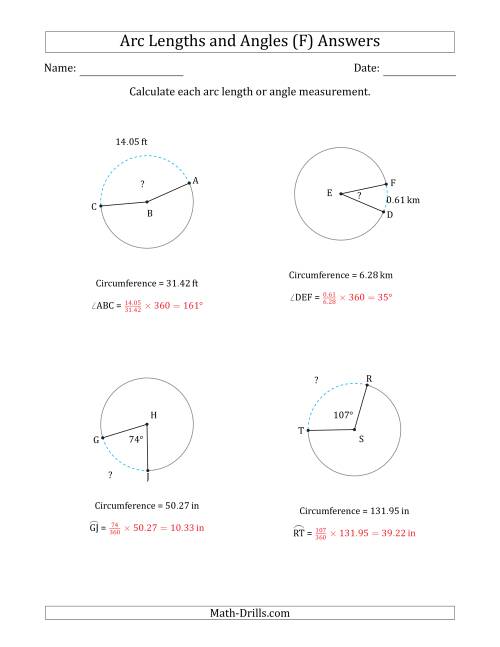 The Calculating Arc Length or Angle from Circumference (F) Math Worksheet Page 2