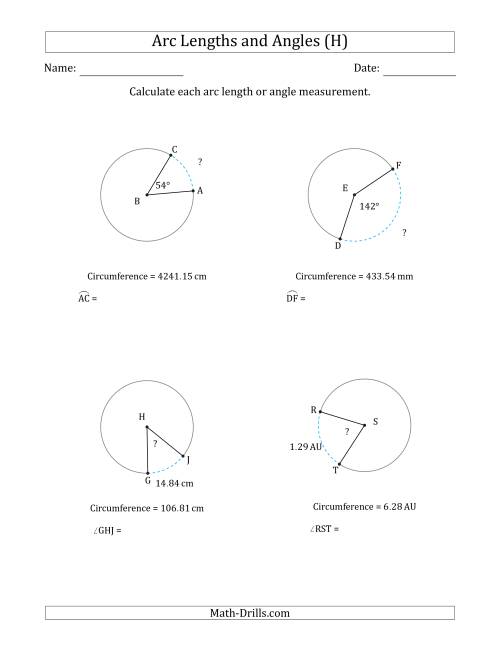 The Calculating Arc Length or Angle from Circumference (H) Math Worksheet