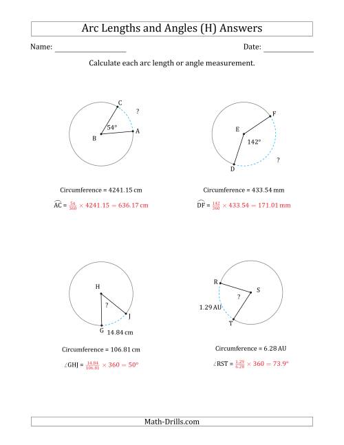 The Calculating Arc Length or Angle from Circumference (H) Math Worksheet Page 2