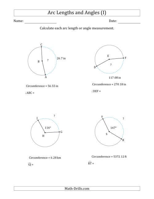 The Calculating Arc Length or Angle from Circumference (I) Math Worksheet