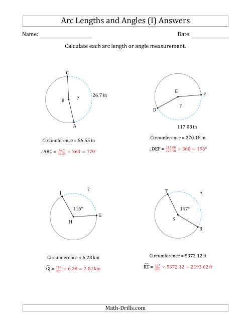 The Calculating Arc Length or Angle from Circumference (I) Math Worksheet Page 2
