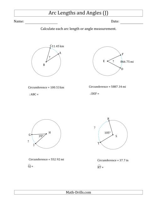 The Calculating Arc Length or Angle from Circumference (J) Math Worksheet