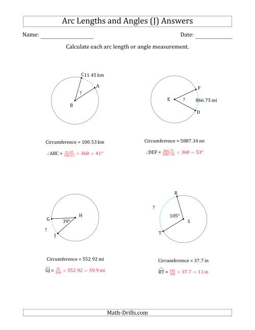 The Calculating Arc Length or Angle from Circumference (J) Math Worksheet Page 2