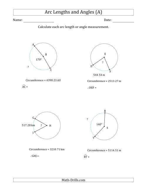 The Calculating Arc Length or Angle from Circumference (All) Math Worksheet