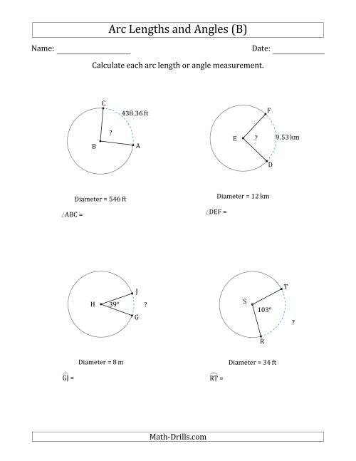 The Calculating Arc Length or Angle from Diameter (B) Math Worksheet