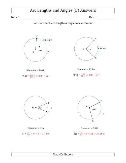 The Calculating Arc Length or Angle from Diameter (B) Math Worksheet Page 2